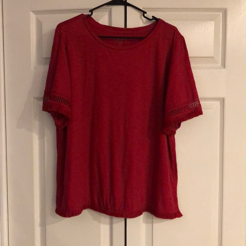 Red Loft Top with fringe and accent sleeves.